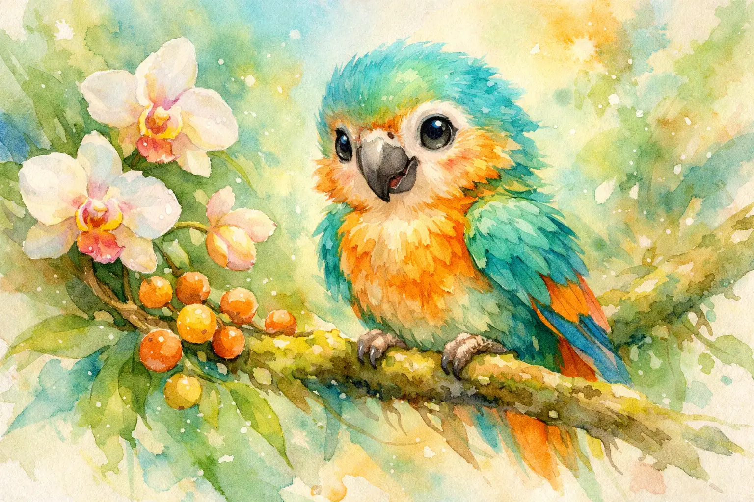 Träumerischer Aquarell-Babykakadu auf Dschungelast