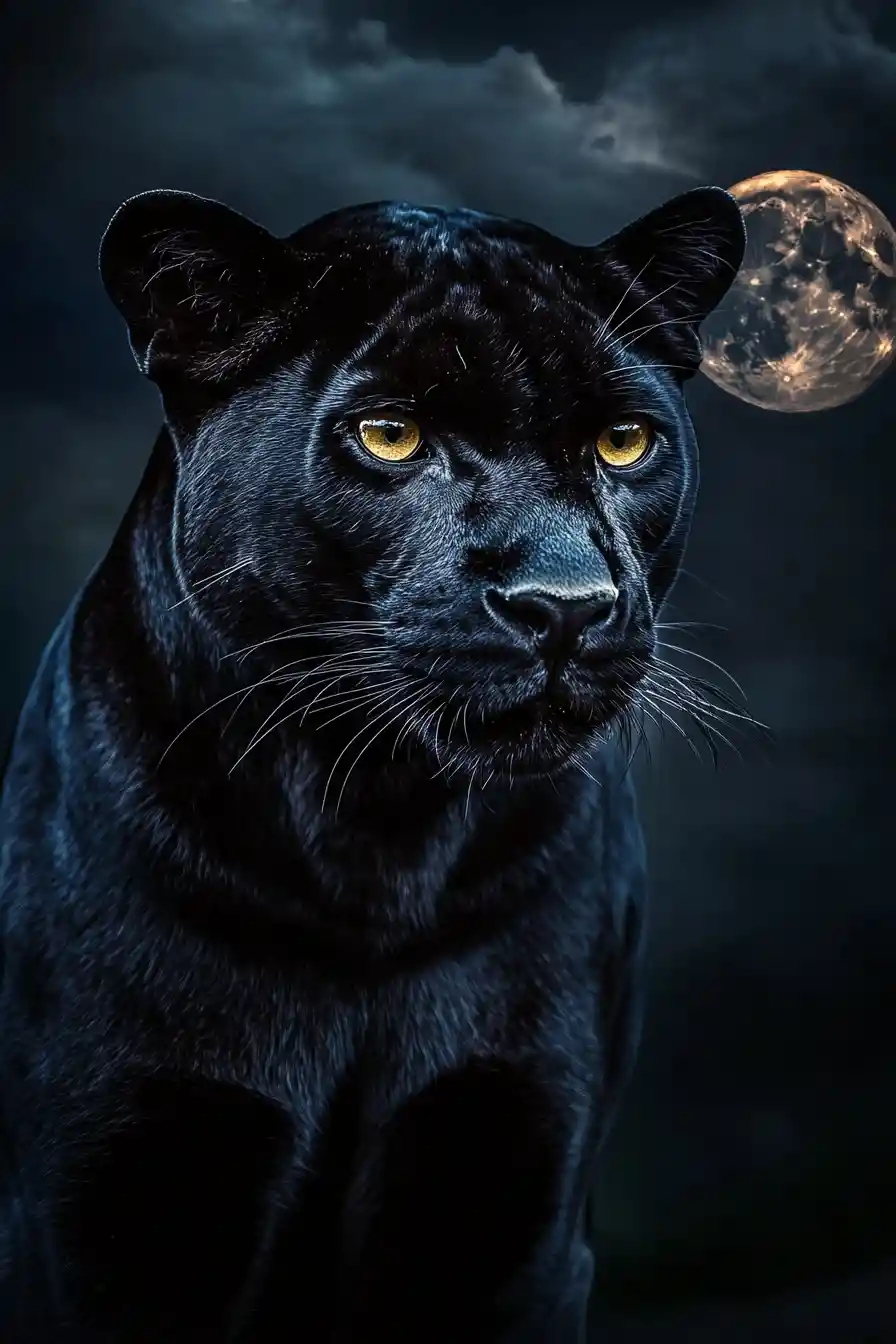 Pantera negra en primer plano bajo un cielo brumoso iluminado por la luna