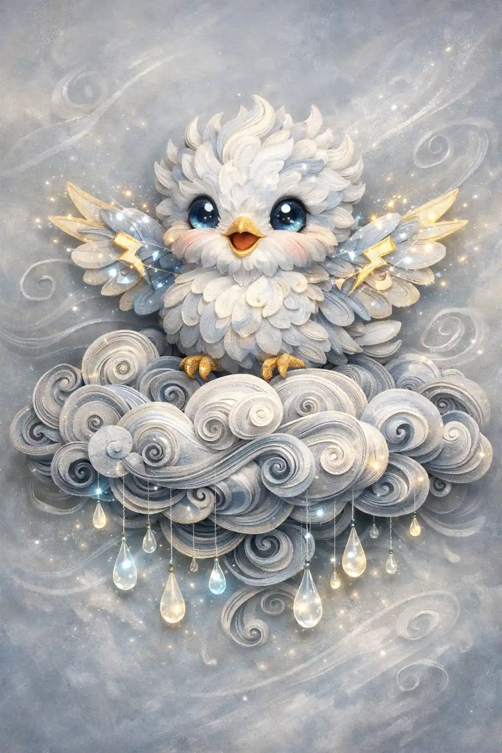 Bébé Oiseau-Tonnerre Fantaisiste en Paper Quilling sur Nuage d’Orage