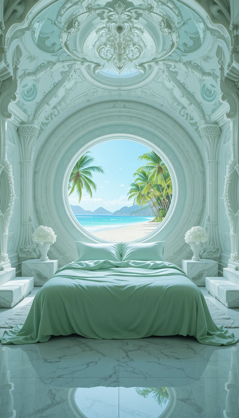 Camera da letto futuristica con pareti di cristallo e vista su una spiaggia tropicale