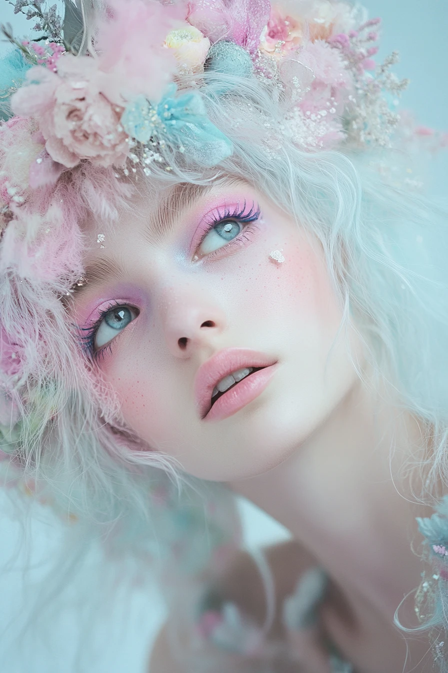 Verspieltes Fantasy-Mädchen mit pastellfarbenem Barock-Make-up