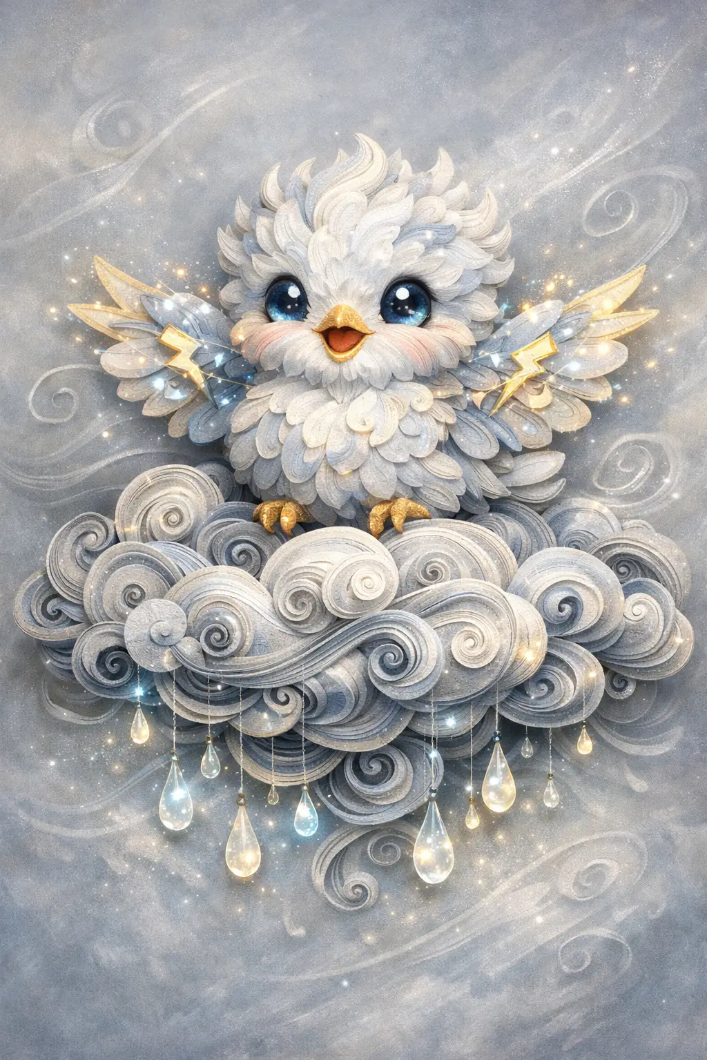 Verspielter Paper-Quilling-Baby-Donnerbird auf Sturmwolke