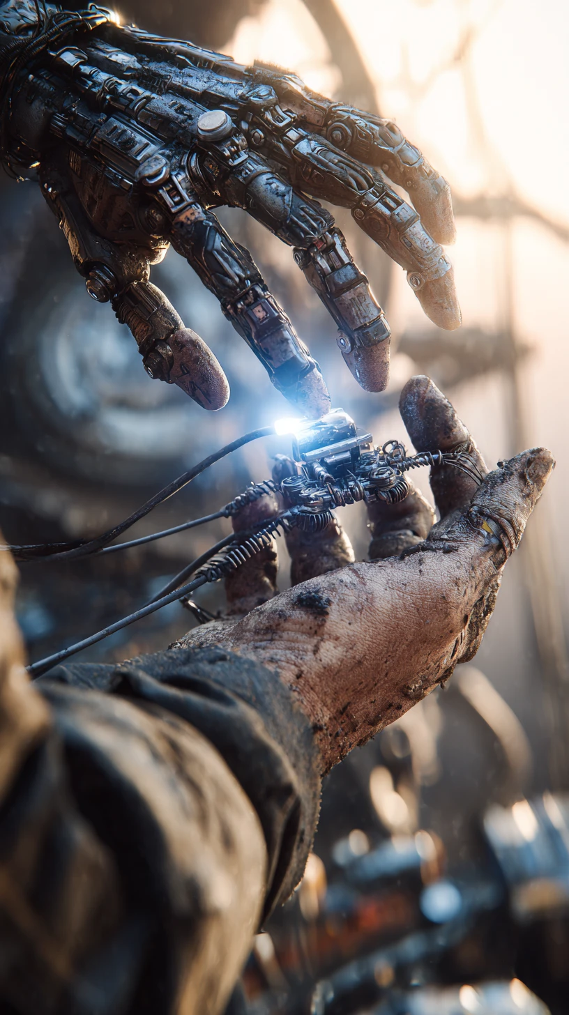 Engenheiro cyberpunk controlando um drone de reparo biomecânico flutuante