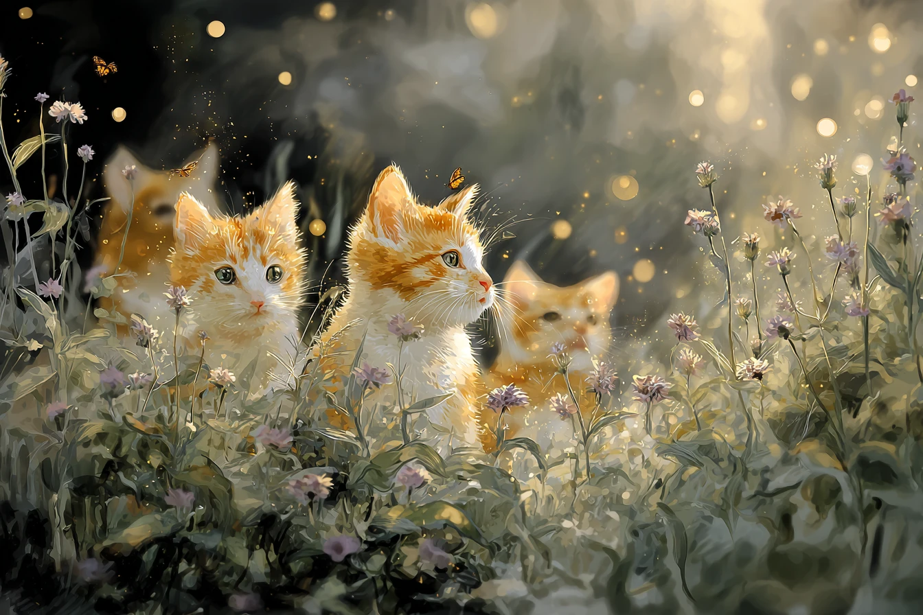 Peaceful cat village in warm summer sunlight