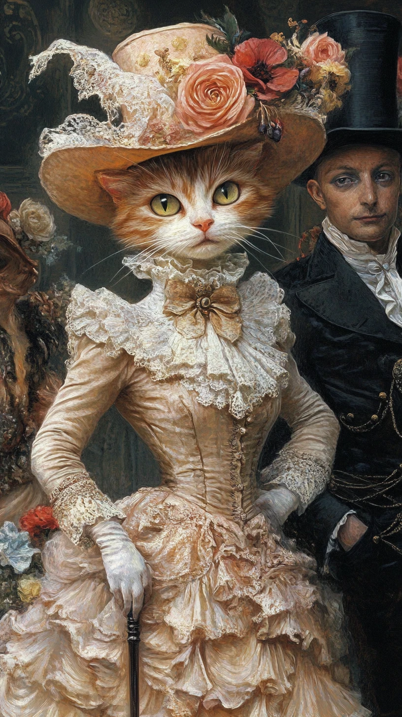 Gatos aristocráticos vitorianos em uma cena surreal de pontilhismo em tons pastéis
