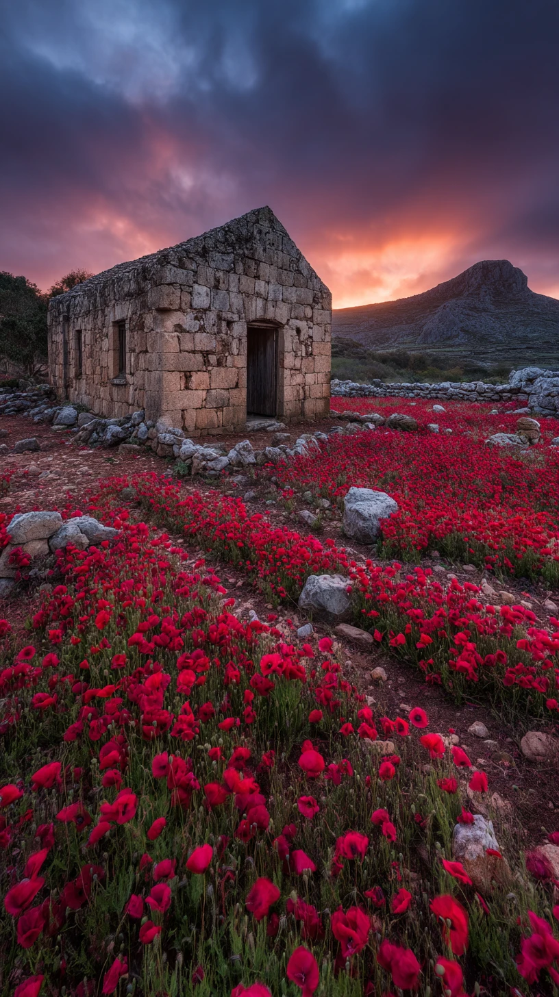 Antigua capilla en lo alto de una colina sobre un mar de amapolas carmesí