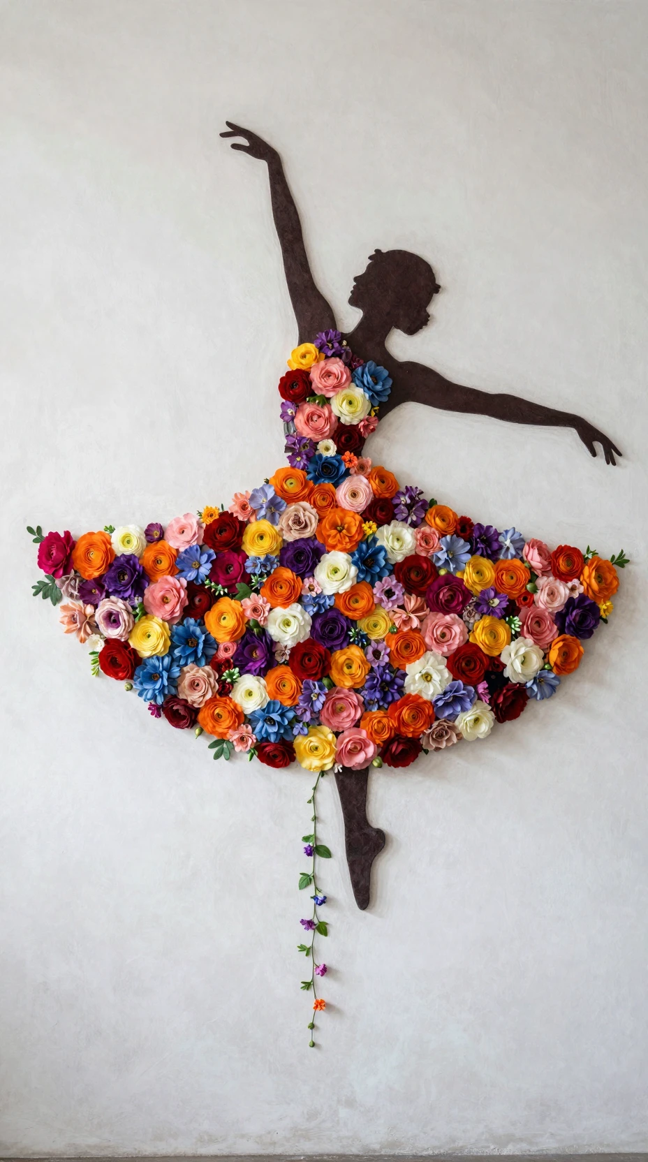 Silueta de bailarina floral girando sobre una pared de yeso blanca
