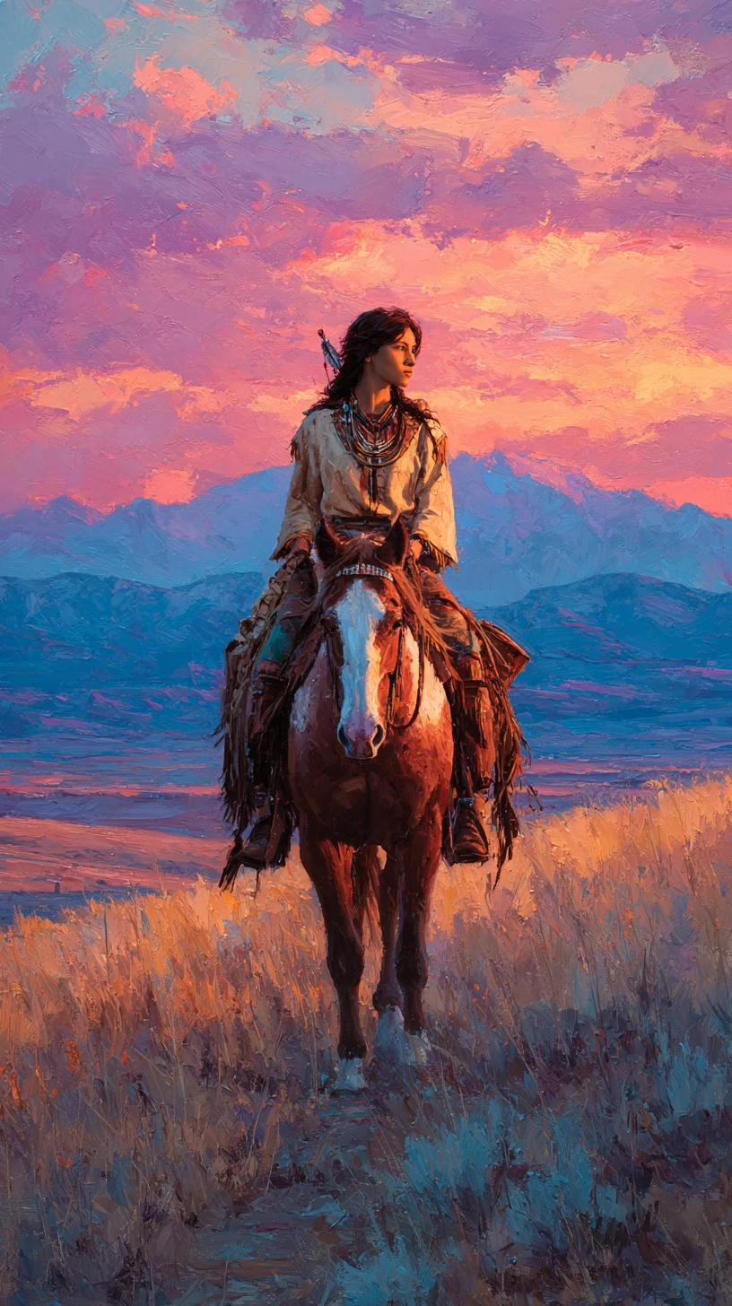 Cavaliere Lakota che attraversa le praterie al tramonto su un cavallo pezzato