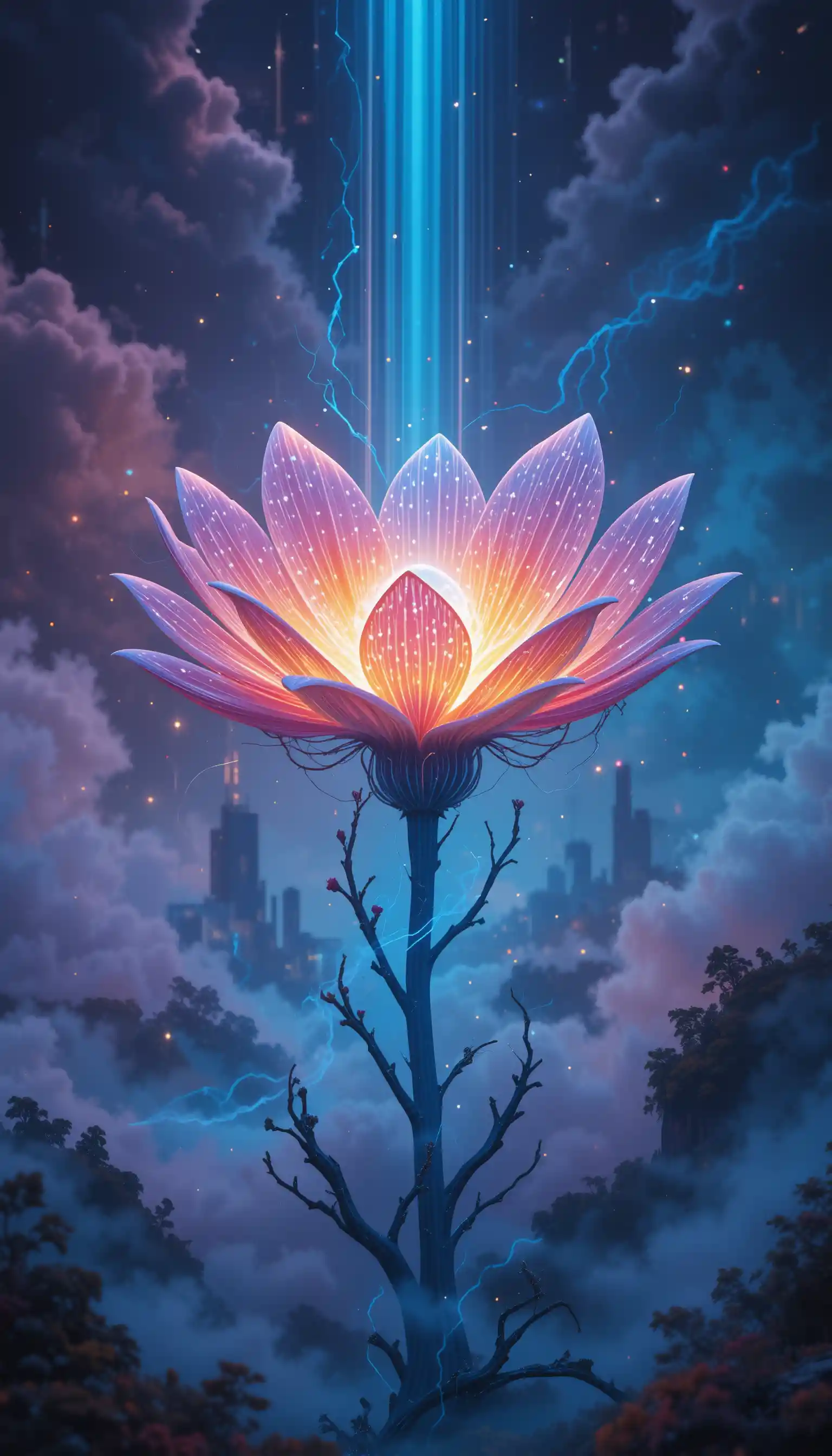 Bioluminescent Flower Glowing Over Futuristic Earthscapes