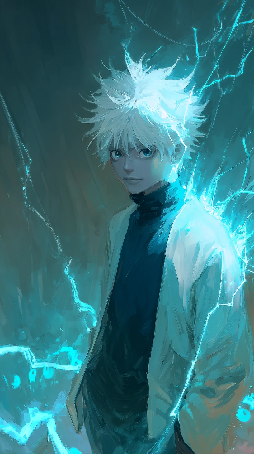Herói de anime com cabelo branco brilhante e relâmpagos azuis