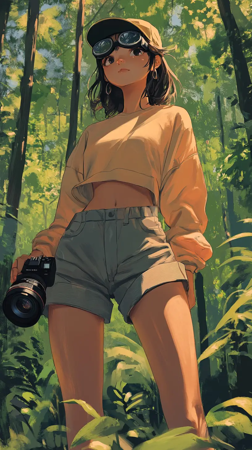 Fille photographe d’anime debout fièrement dans une forêt marécageuse
