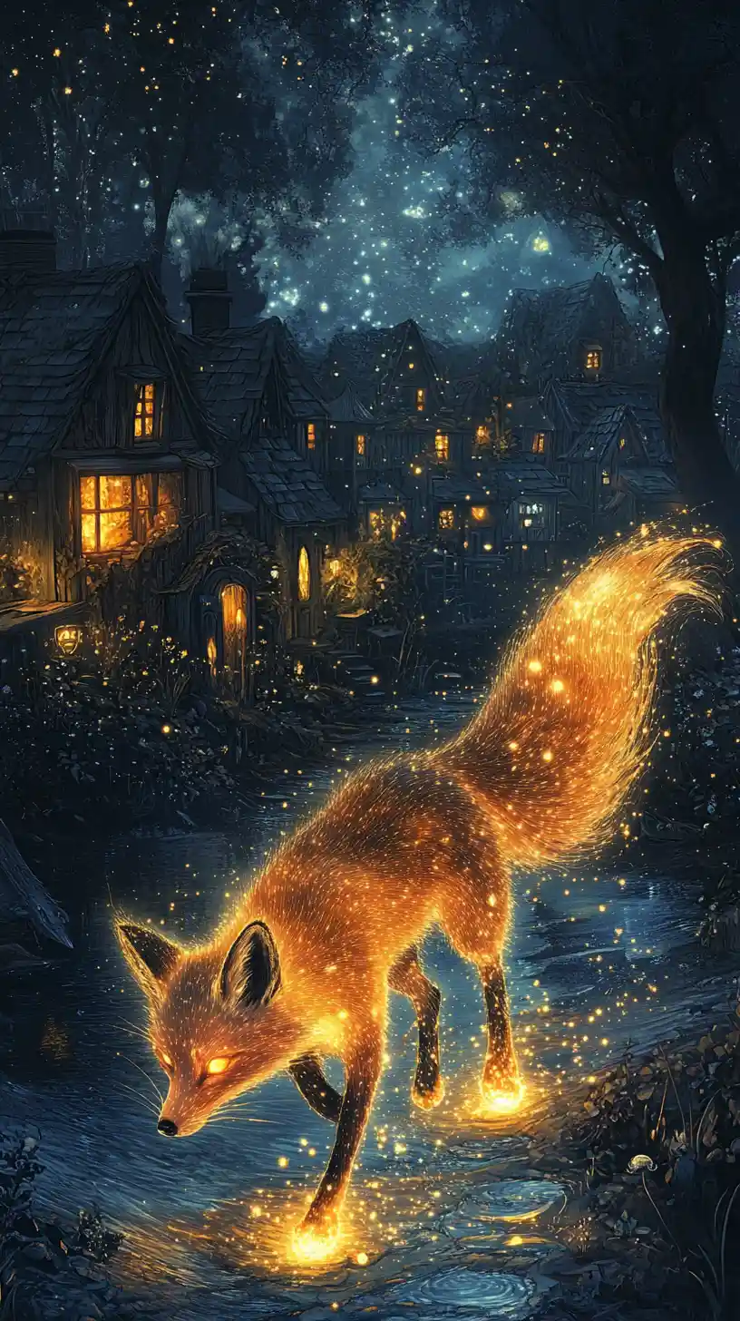 Leuchtender mystischer Fuchs wandert an einer verzauberten Küste entlang