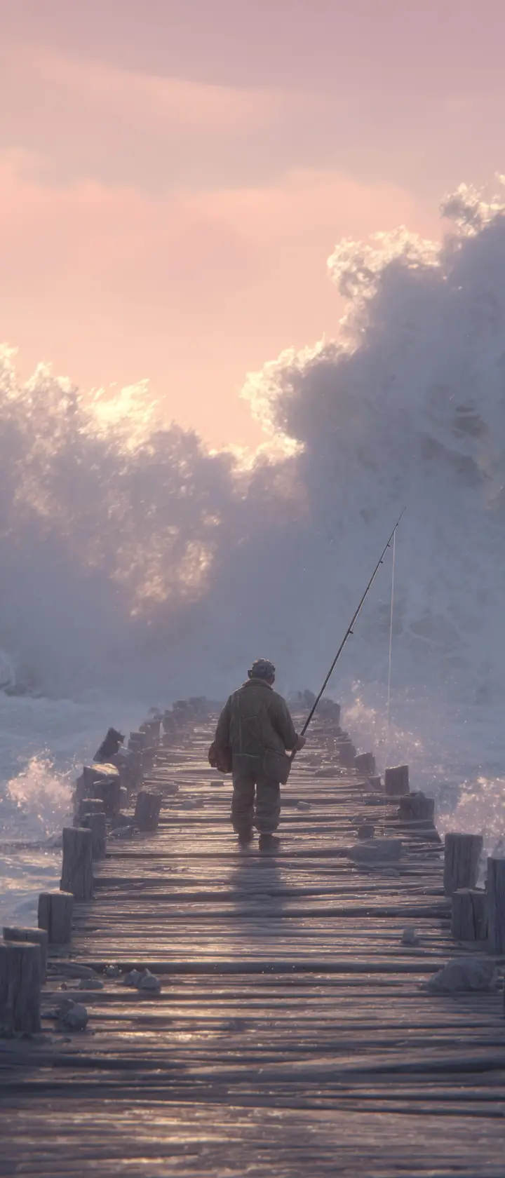 Pescador idoso sozinho no píer ao amanhecer tempestuoso