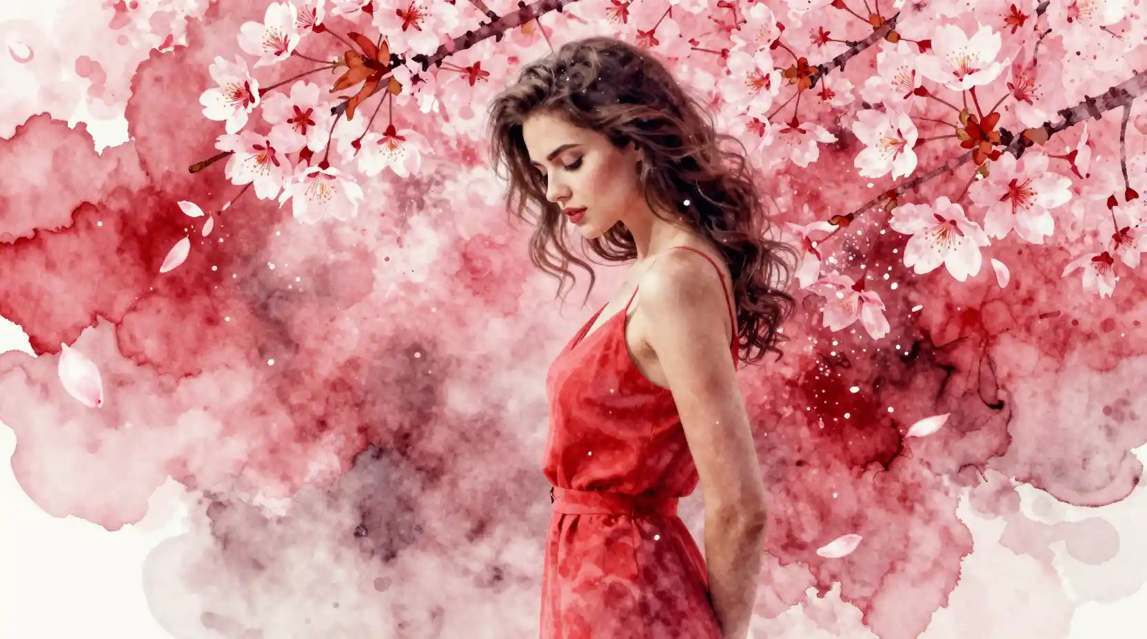 Young woman among swirling watercolor cherry blossoms