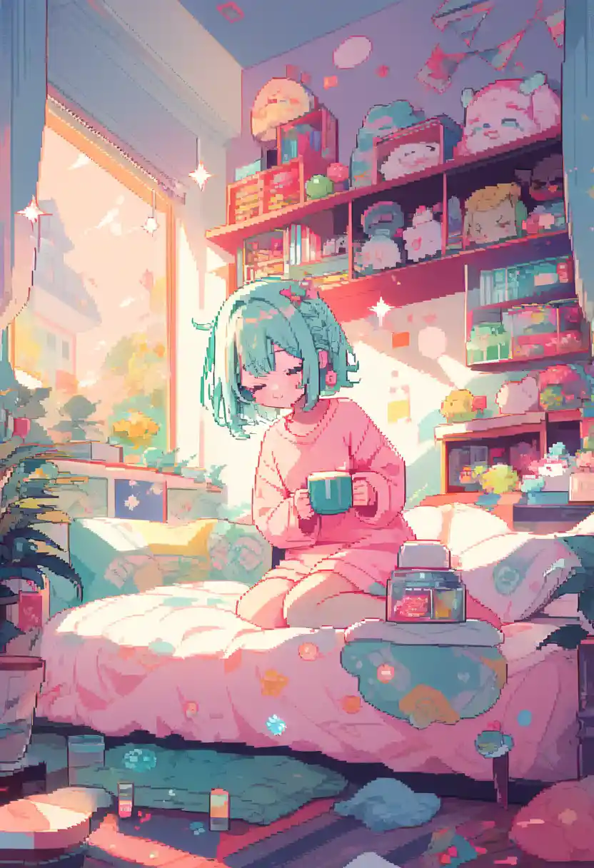 Cozy pixel art girl with coffee on pastel bedroom bed