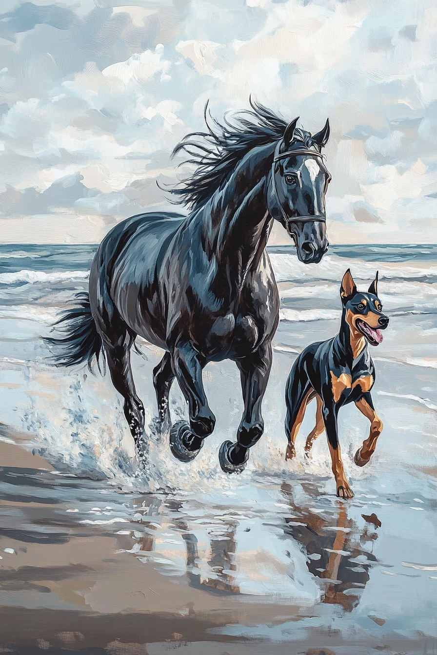 Cavalo preto e Doberman correndo juntos na praia