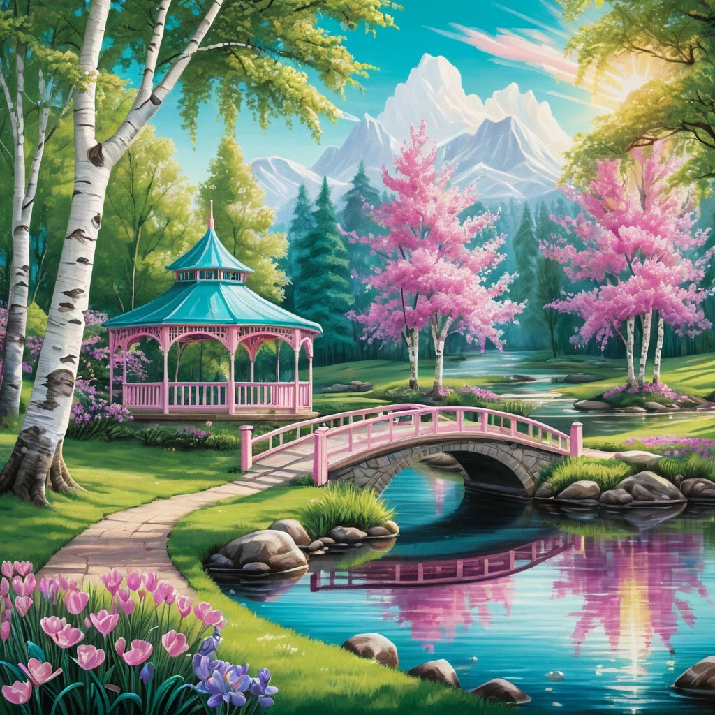Scena estiva di un parco sul fiume con ponte e padiglione