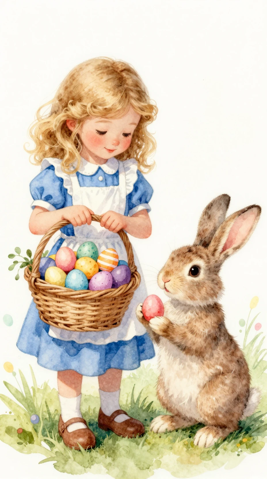 Little girl sharing Easter eggs with a thoughtful rabbit