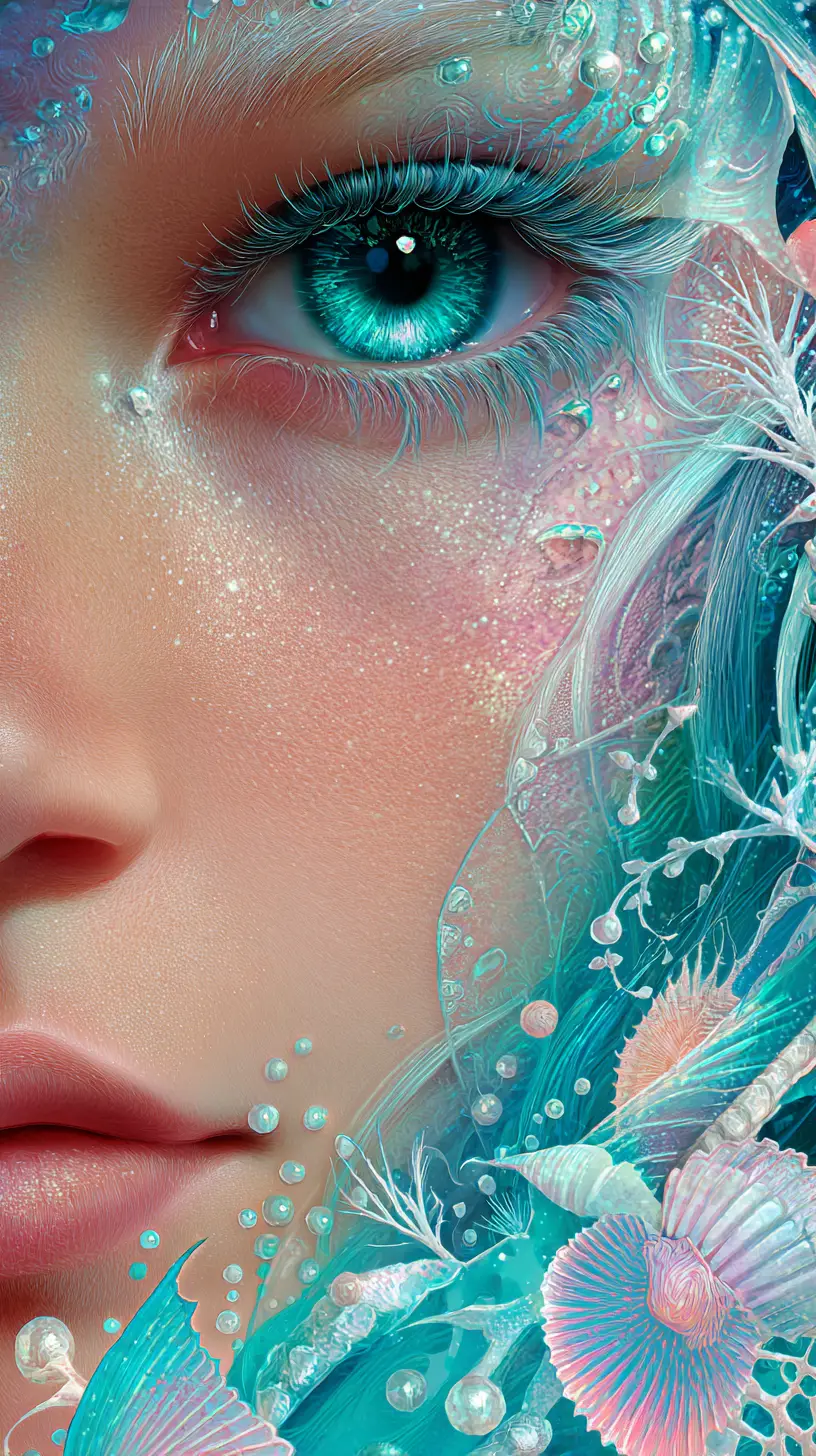 Primo piano di una baby sirena con occhi turchesi luminosi
