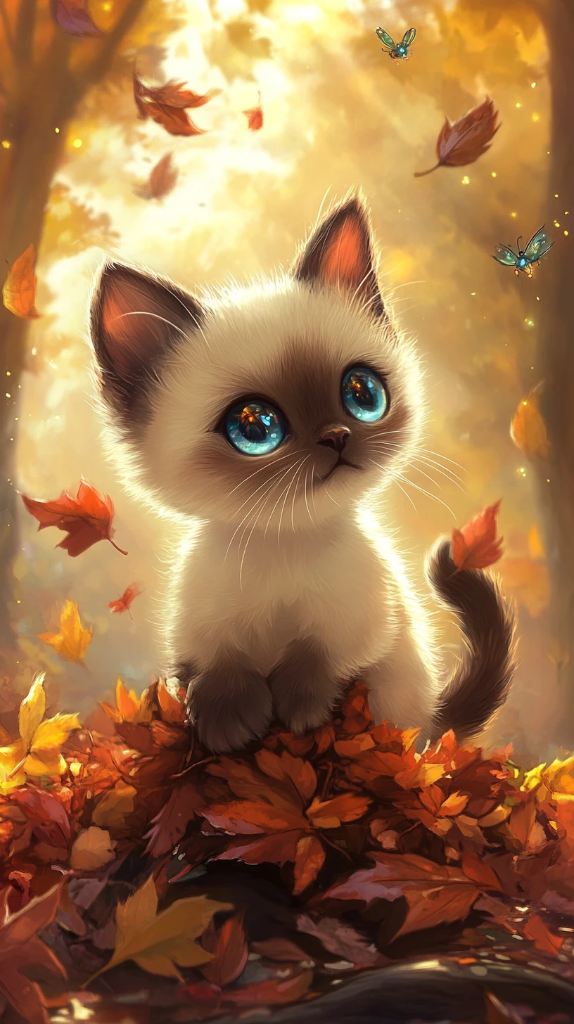 Chaton siamois chibi jouant dans des feuilles d’automne éclatantes