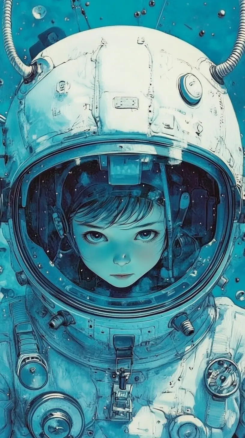 蘇聯女孩與太空人頭盔的超現實點描插畫