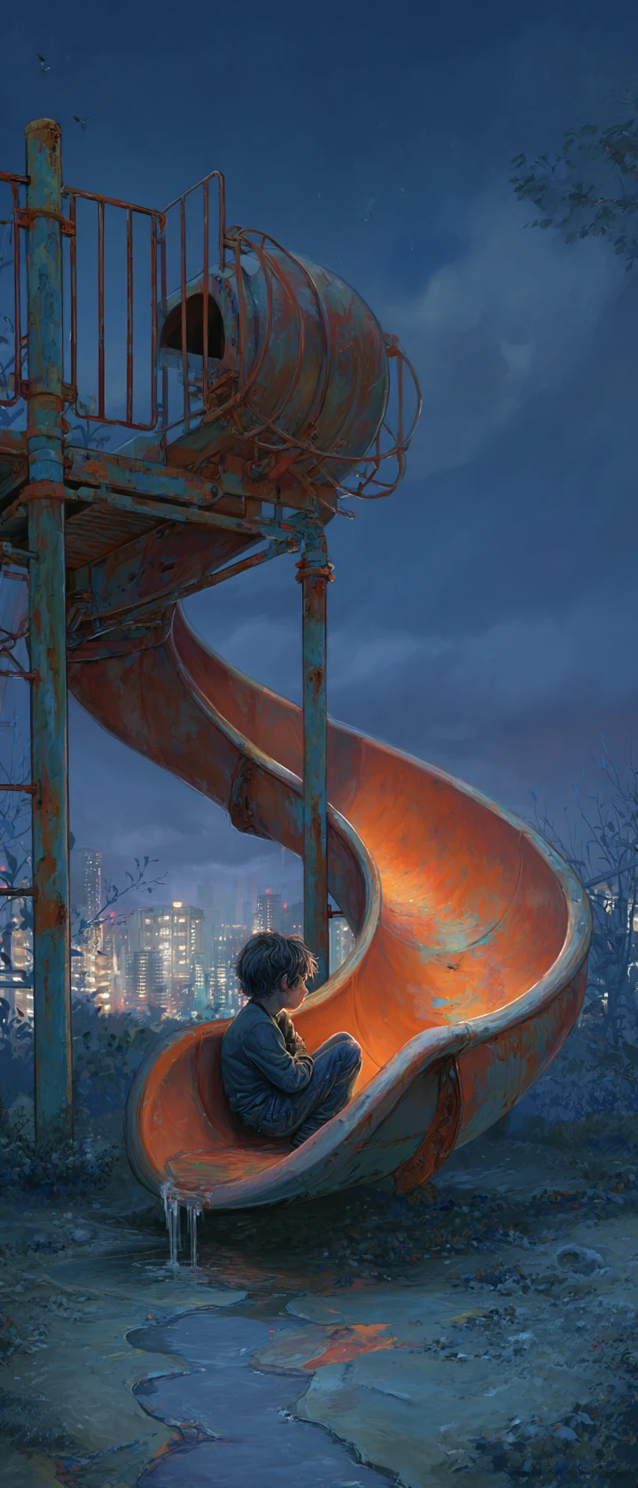 Child Blending Into Rusted Playground Slide At Twilight