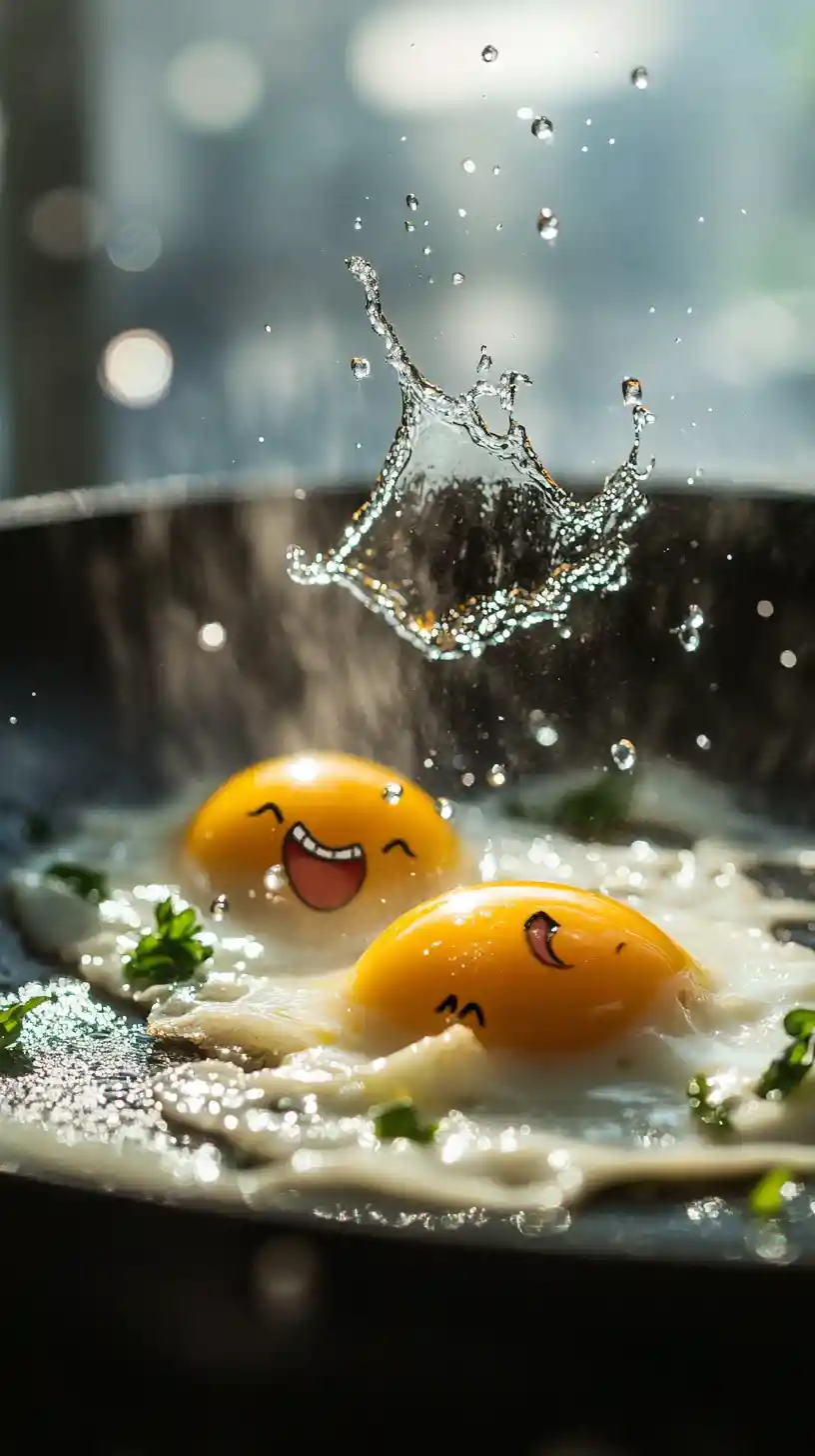 Playful eggs laughing and sizzling in a frying pan