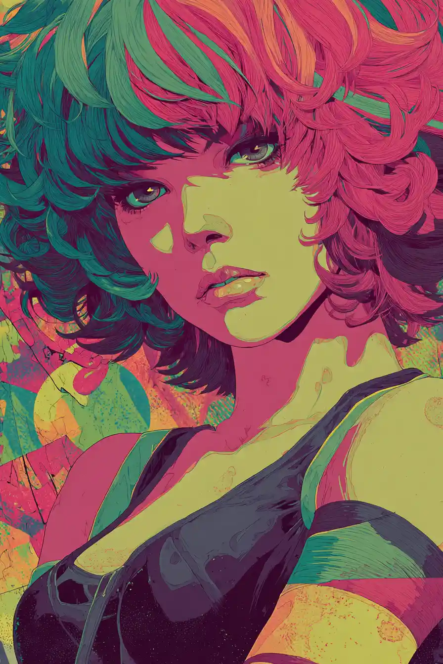 Mujer vanguardista con cabello multicolor en retrato surrealista