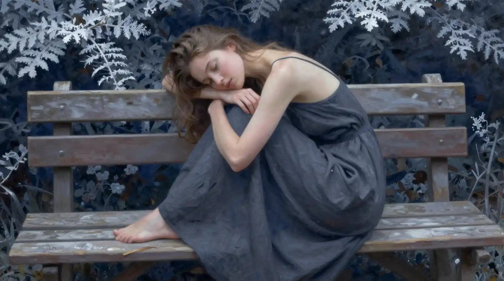 Young woman in profile resting on an old wooden bench