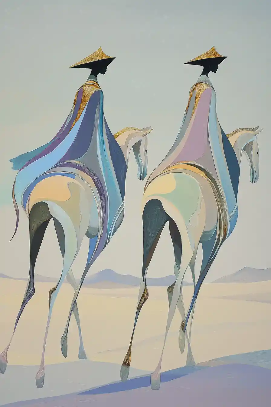 Elegant riders on ethereal horses in minimalist landscape
