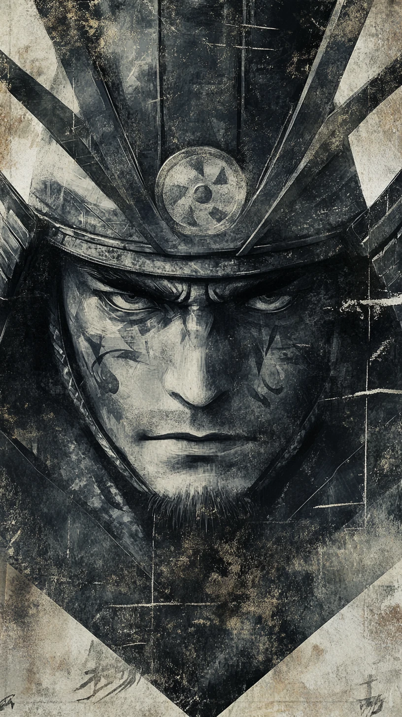 Stilisiertes Samurai-Porträt mit geometrischer Rüstung und intensivem Blick