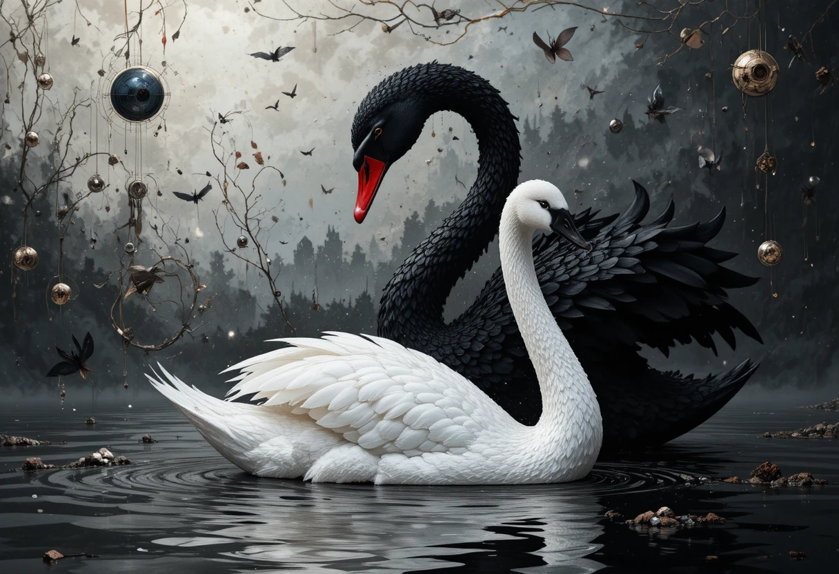 Cygnes noirs et blancs surréalistes en harmonie d’impasto abstrait