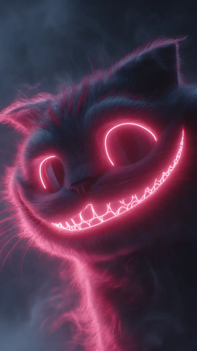 Neon-Cheshire-Katze mit leuchtenden Augen im surrealen Rauch