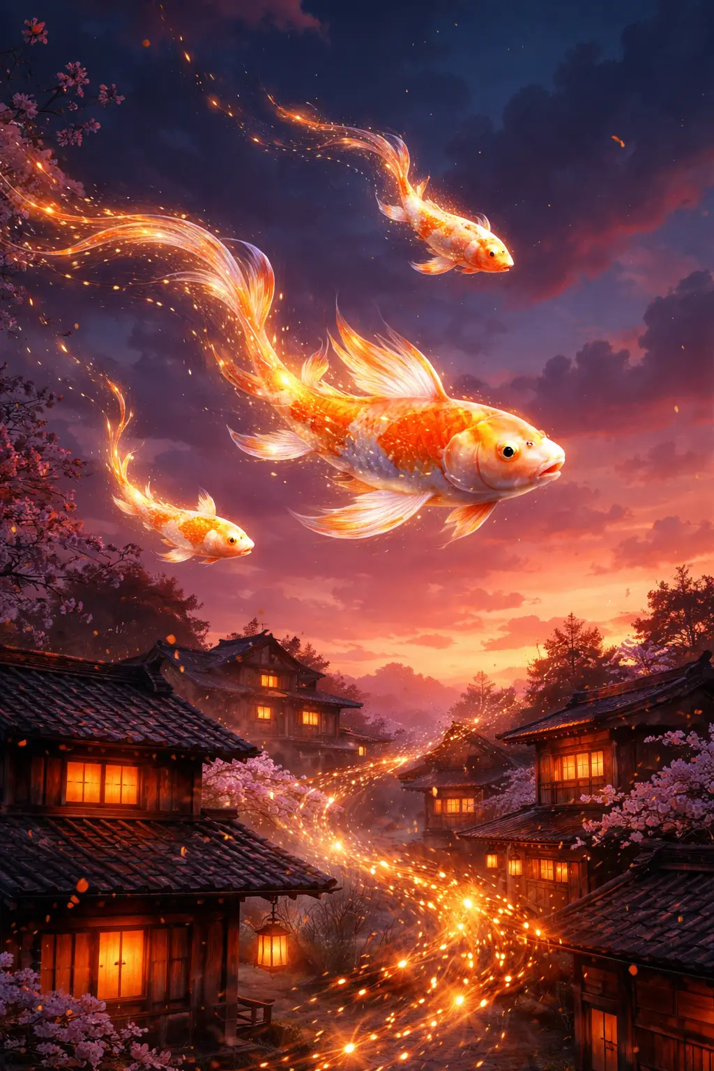 在城市房屋之間的天空中遨遊的錦鯉