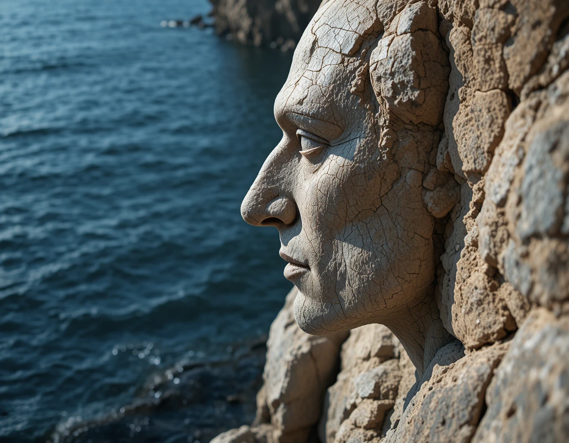 Rock cliff profile resembling a human face by dark water