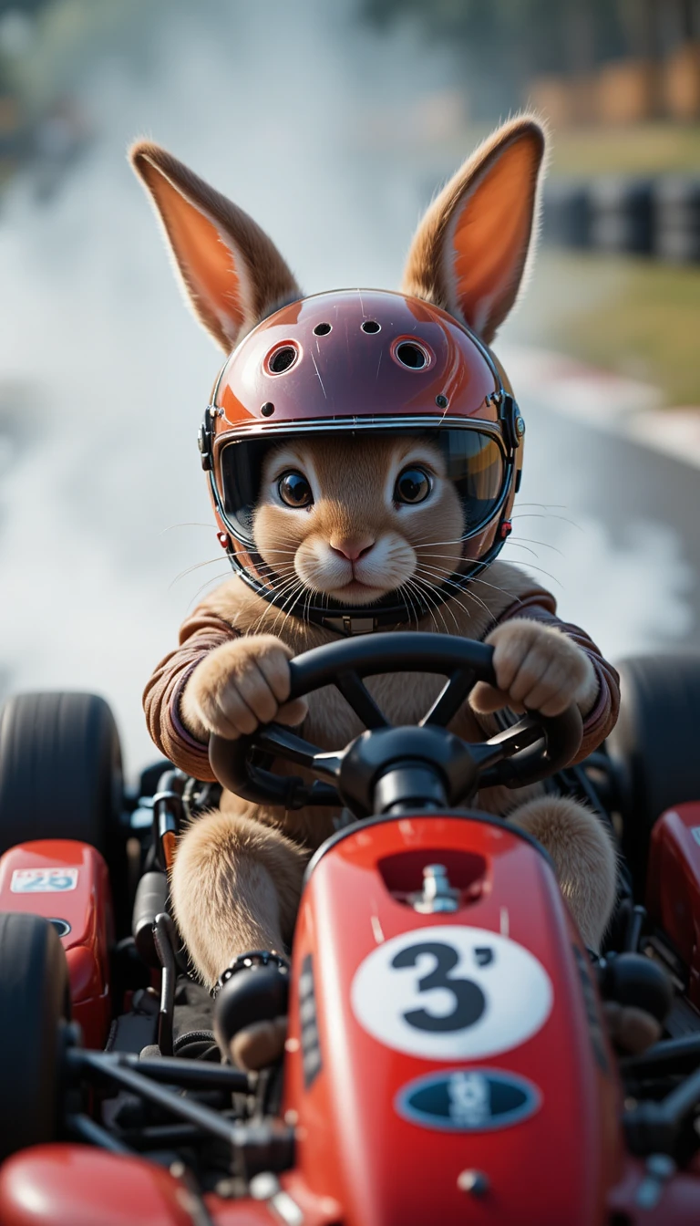 Coelho corredor determinado de capacete acelerando em um kart