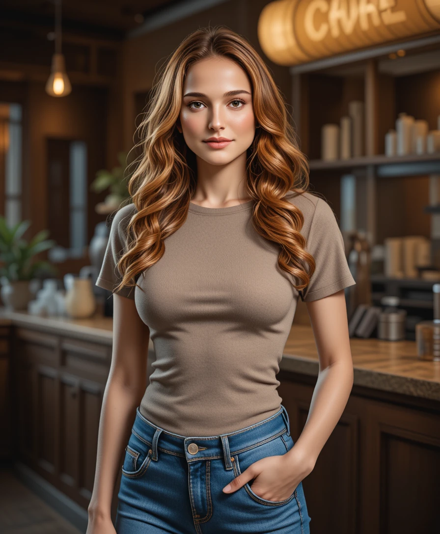 Redhead woman in casual outfit by coffee shop counter