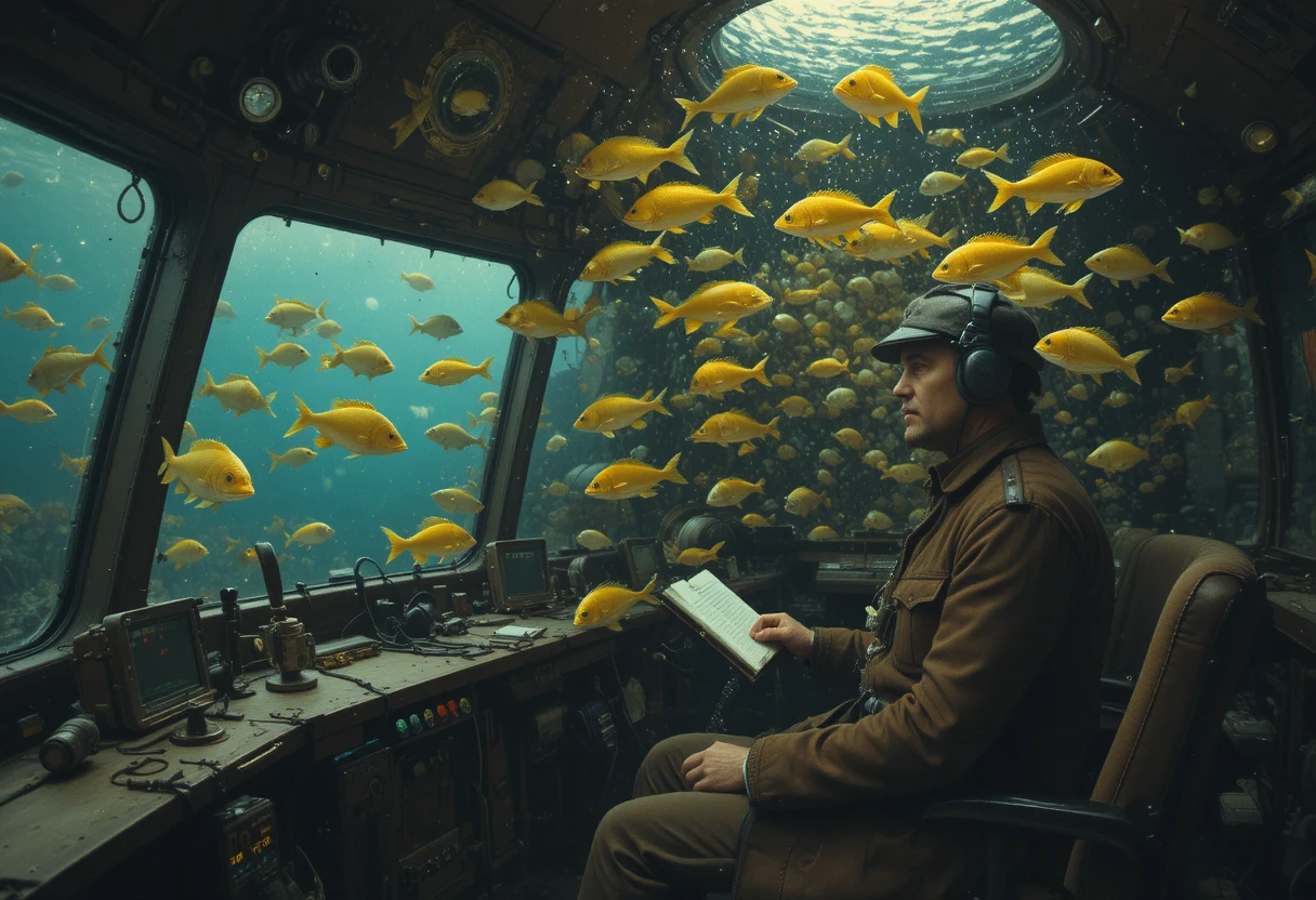 Monge sentado em um cockpit nas profundezas de um oceano surreal