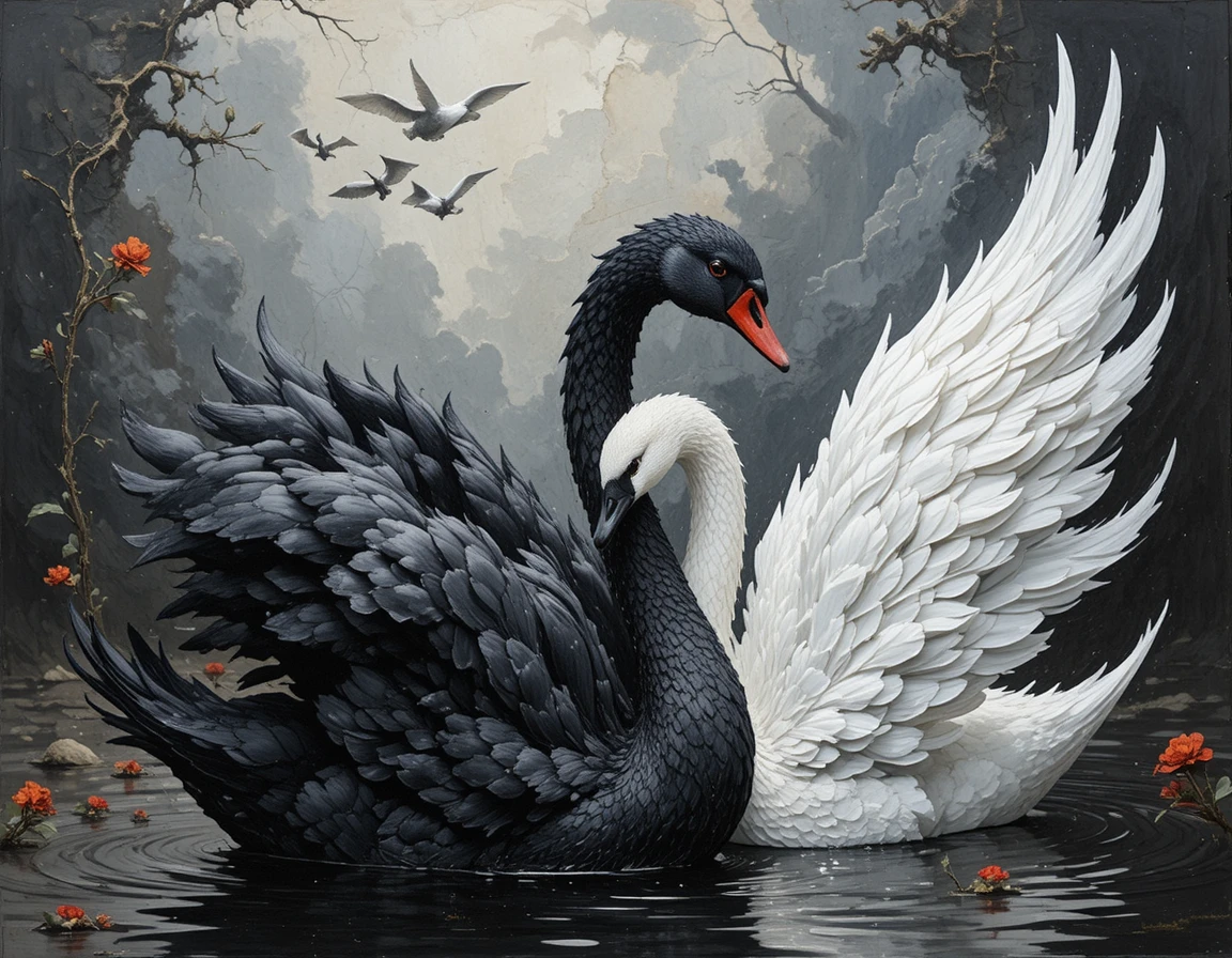Cygnes surréalistes en impasto enlacés dans une scène abstraite minimaliste