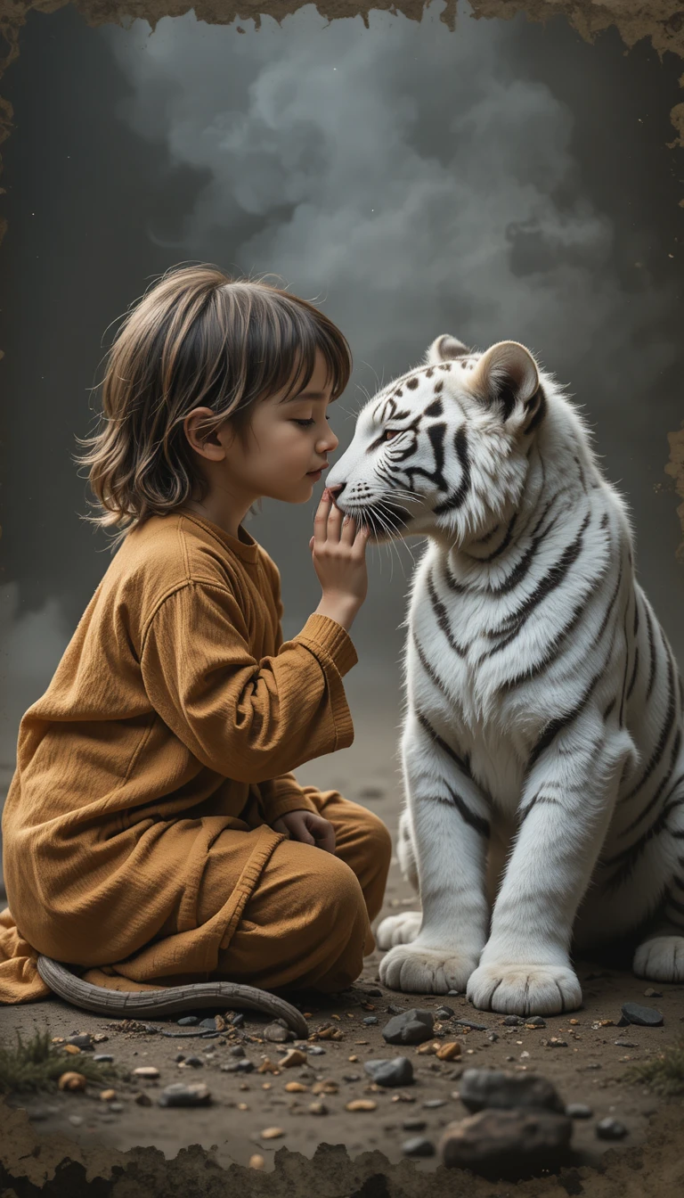 Kleines Kind berührt mit der Nase ein weißes Tigerjunges