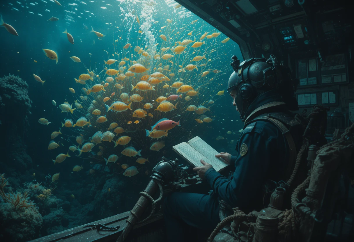 深海水下世界中坐在駕駛艙裡的僧侶