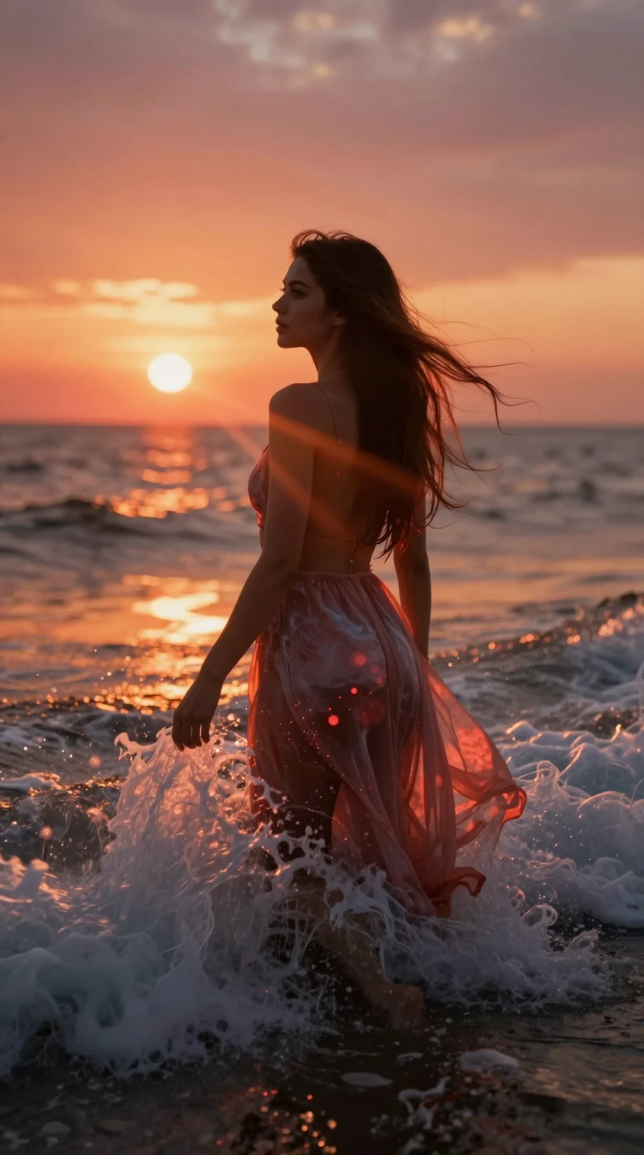 Mulher de vestido esvoaçante nadando nas ondas ao pôr do sol