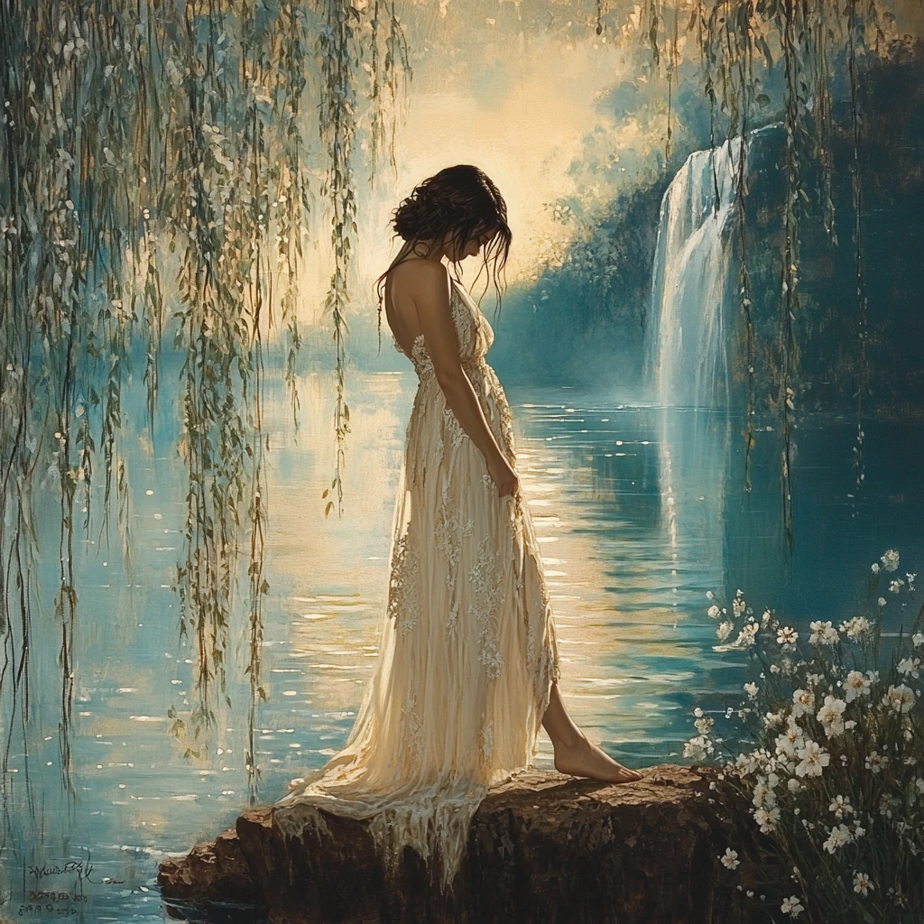 Mujer con vestido fluido junto a un lago tranquilo al atardecer