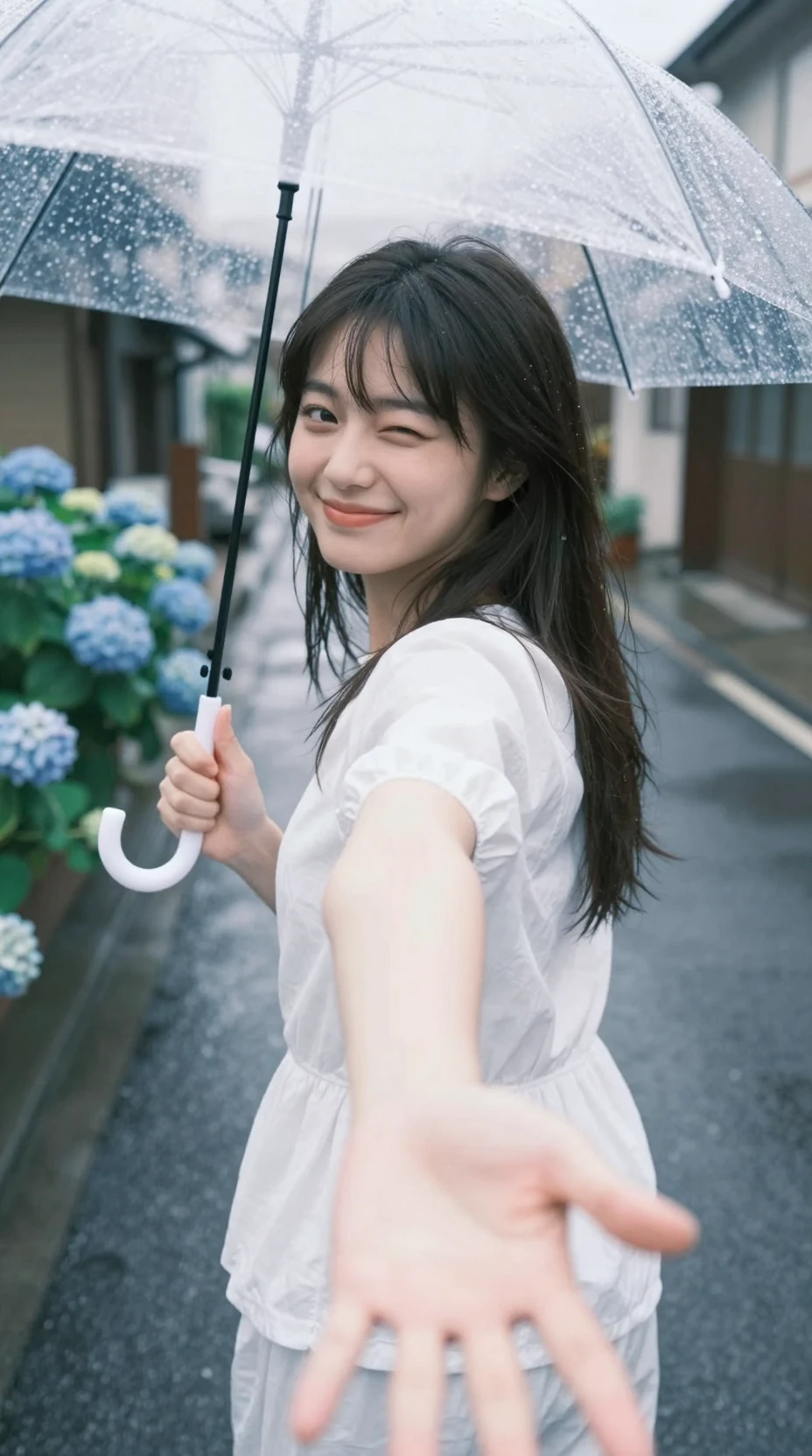 Japanisches Mädchen läuft mit Regenschirm eine regennasse Straße hinauf