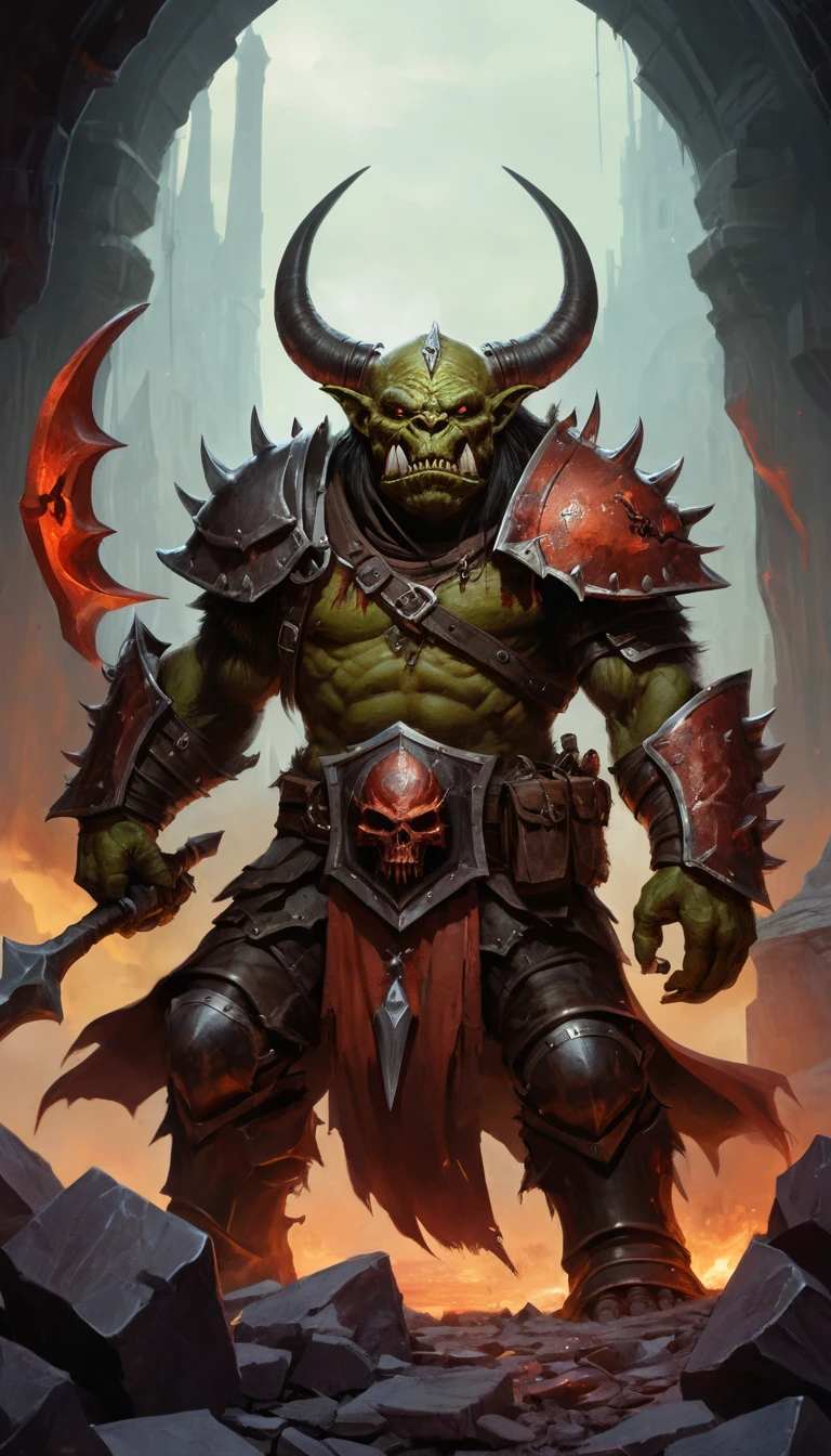 Rei orc montando um galo de guerra em um campo de batalha em chamas