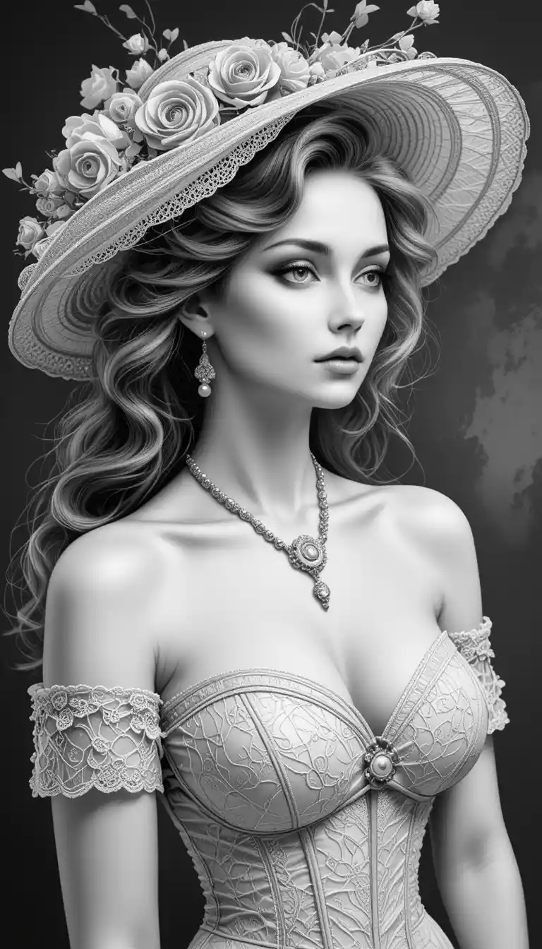 Elegant vintage woman in lace dress and floral hat portrait