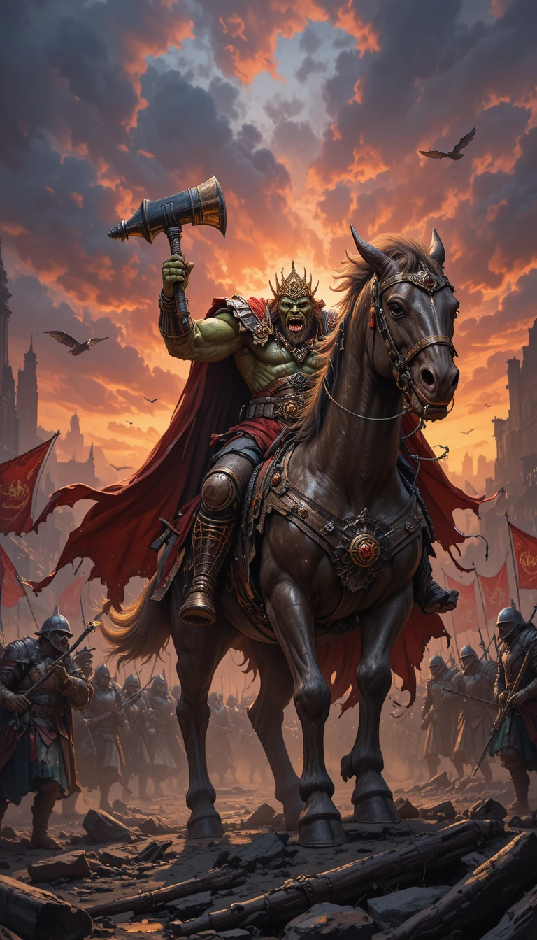 Rei orc montando um galo de guerra em um campo de batalha em chamas