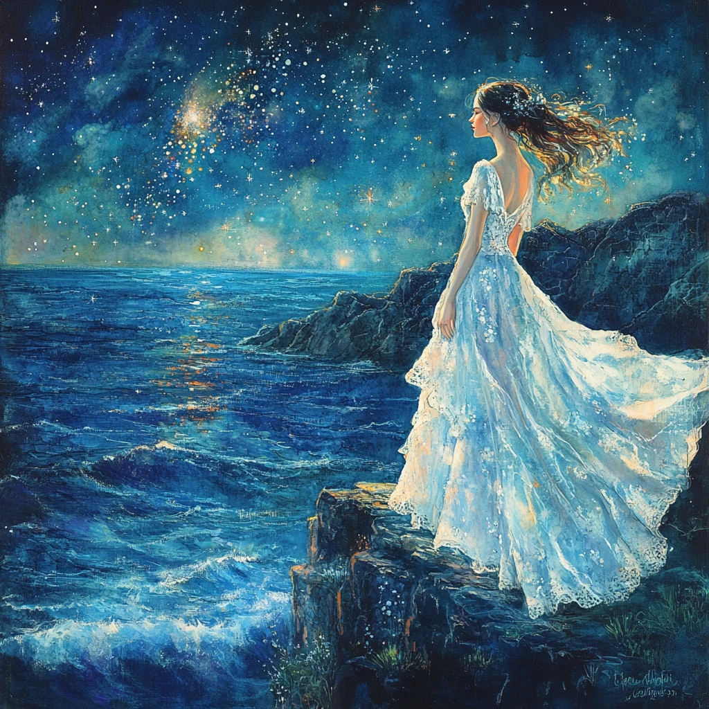 Ethereal woman on a cliffside overlooking the starlit ocean