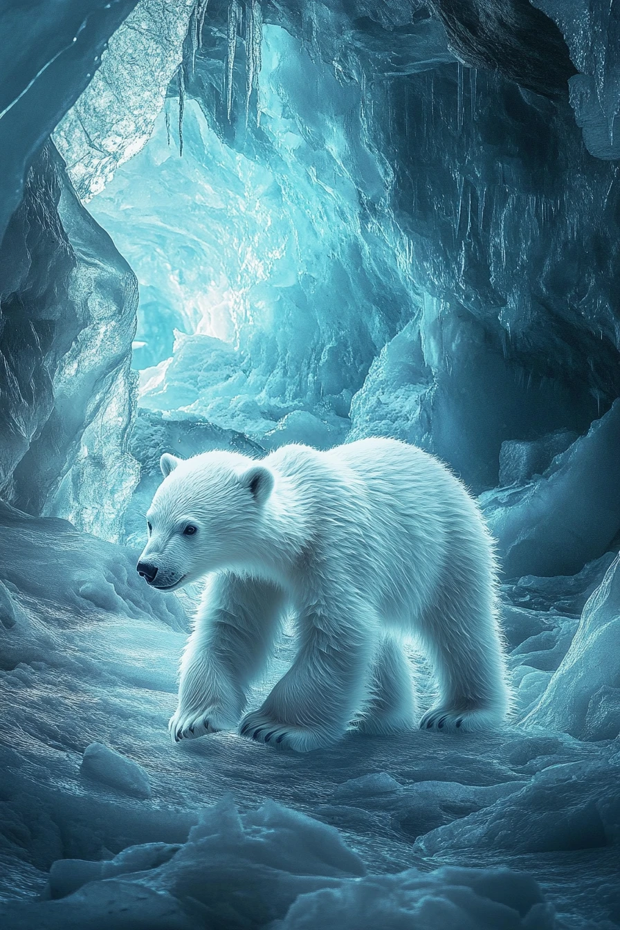 Filhote de urso-polar caminhando sobre camadas de gelo ártico brilhante