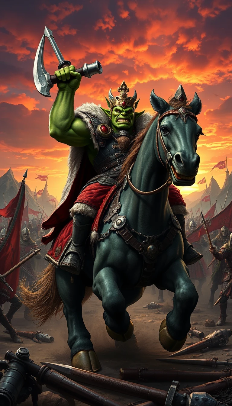 Orc king riding war rooster in fiery fantasy battle
